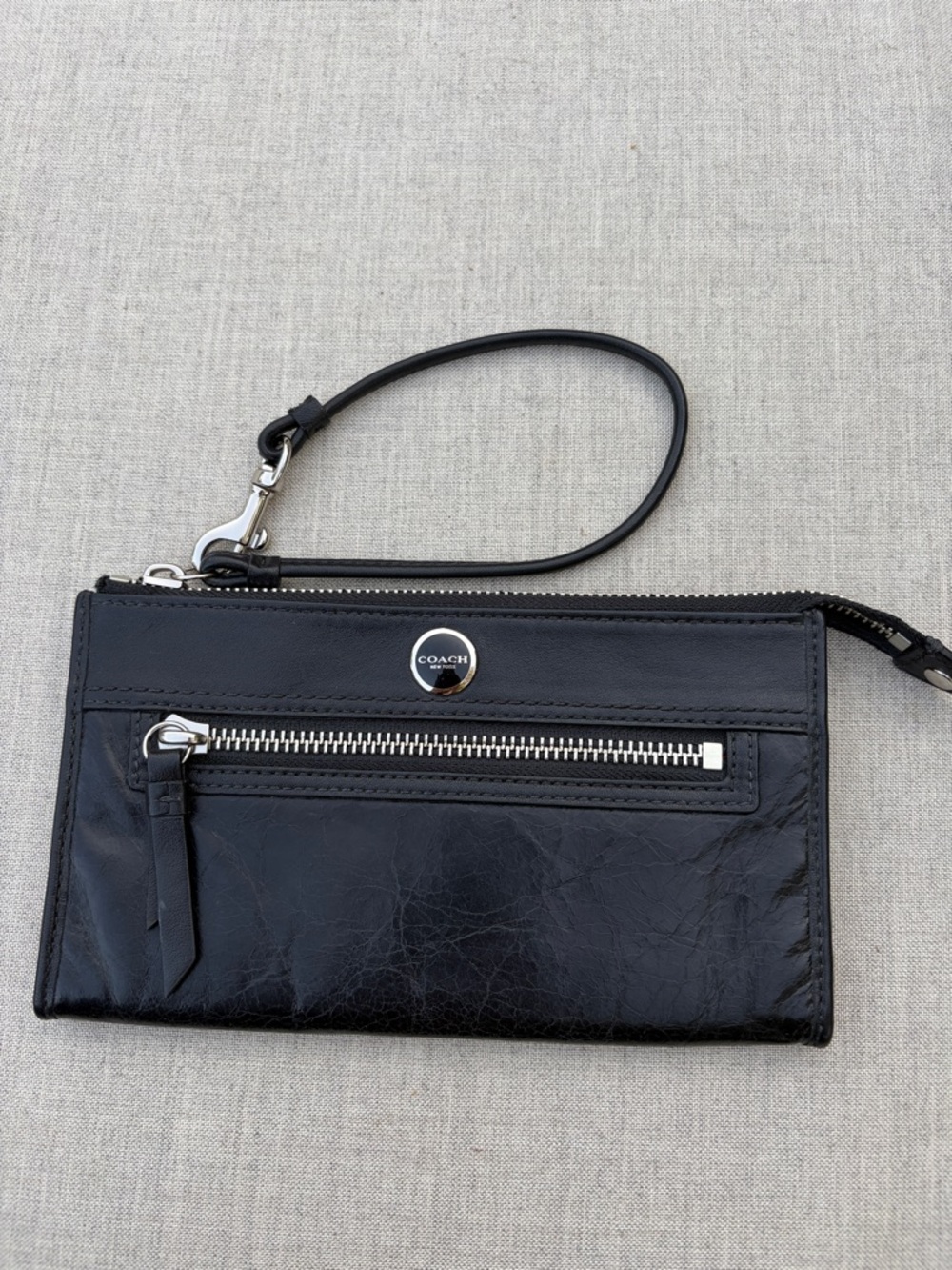 Coach Black Leather Zip Wristlet with Front Pocket